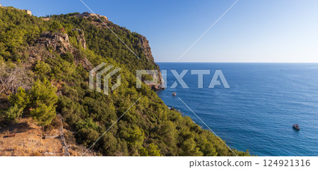 Panoramic coastal Landscape with walls and landward fortress of Alanya 124921316