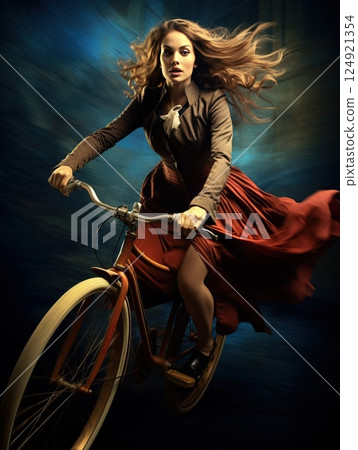 Vintage clad woman pedaling retro bicycle, hair and dress billowing, embodying nostalgic movement with blurred backdrop emphasizing dynamic freedom Vintage clad woman pedaling retro bicycle, hair and dress billowing, embodying nostalgic movement with blurred backdrop emphasizing dynamic freedom 124921354