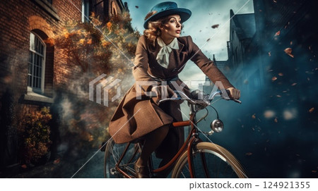 Vintage clad woman pedaling classic bicycle, stylish hat framing determined face, windswept hair suggesting dynamic journey through scenic landscape Vintage clad woman pedaling classic bicycle, stylish hat framing determined face, windswept hair suggesting dynamic journey through scenic landscape 124921355