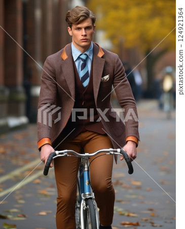 A young handsome man rides a vintage bicycle along the street of the old town. The concept of quiet luxury and old money 124921364