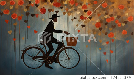 Stylishly dressed gentleman cycling through rainy city street, tweed suit adorned, basket brimming with vibrant red roses Stylishly dressed gentleman cycling through rainy city street, tweed suit adorned, basket brimming with vibrant red roses 124921379