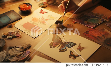 Creating intricate butterfly art in a lovely studio using a variety of colorful supplies and tools 124921394