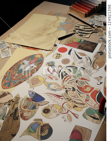 Vibrant abstract shapes and cutouts scattered across workspace, artist arranging mixed media artwork during creative composition process 124921398