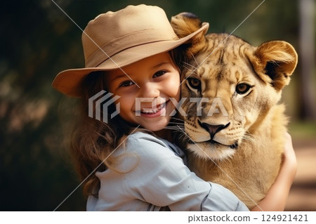 Smiling young girl wearing an explorer's hat happily embraces a lion cub in a natural setting, showcasing a heartwarming connection between humans and wildlife 124921421