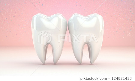 Close-up of two large white teeth on sparkling pink background 124921433