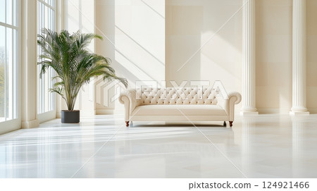 Elegant cream sofa in bright minimalist room with large palm and classical columns 124921466
