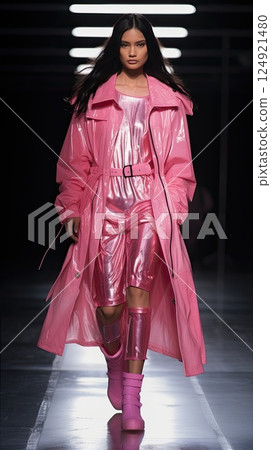 Fashion Event Featuring a Woman Collection in bright pink shades. A model showcases an outfit on the runway. 124921480