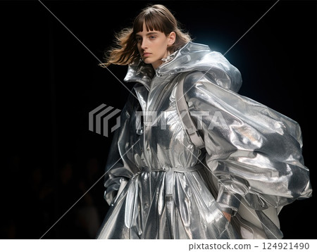 A stunning AvantGarde Fashion Show with dazzling Metallic Ensemble and unique style. A Woman Collection in trendy grey shiny shades 124921490