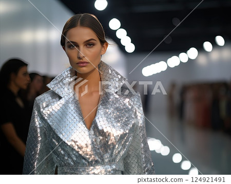 A stunning AvantGarde Fashion Show with dazzling Metallic Ensemble and unique style. A Woman Collection in trendy grey shiny shades 124921491