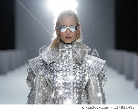 A stunning AvantGarde Fashion Show with dazzling Metallic Ensemble and unique style. A Woman Collection in trendy grey shiny shades A stunning AvantGarde Fashion Show with dazzling Metallic Ensemble and unique style. A Woman Collection in trendy grey shiny shades 124921492