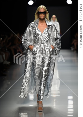 A stunning AvantGarde Fashion Show with dazzling Metallic Ensemble and unique style. A Woman Collection in trendy grey shiny shades 124921493