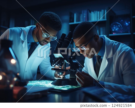 Experimenters in white lab coats working at a biological research center. Scientists are analyzing samples using powerful microscopes in a modern lab environment 124921584