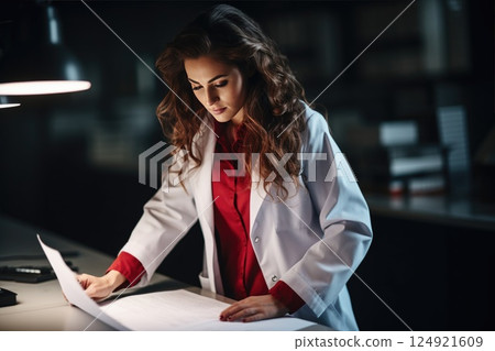 Attractive young female scientist in lab coat studying in library at night under desk lamp 124921609