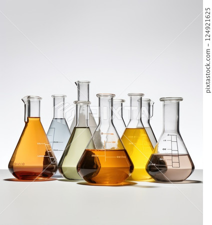 An assortment of vibrant and colorful laboratory glassware filled with various intriguing fluids on white background. Toxic chemicals 124921625