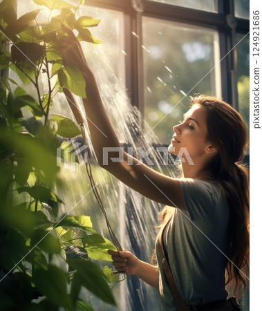A Young Woman Gardener Enthusiastically Caring for a Variety of Indoor Plants in a Greenhouse Space 124921686