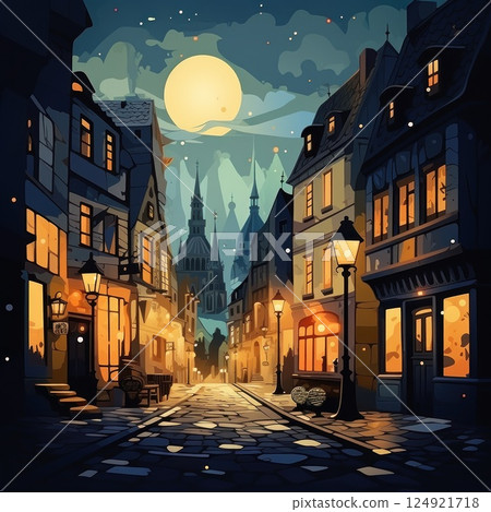 Medieval cityscape at night, warm lights glowing from windows and street lamps, casting a magical glow 124921718