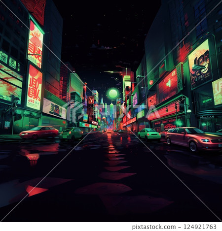 Captivating urban nightscape with vibrant neon signs illuminating an empty city street at night, reflecting in the wet pavement, and towering skyscrapers in the background 124921763