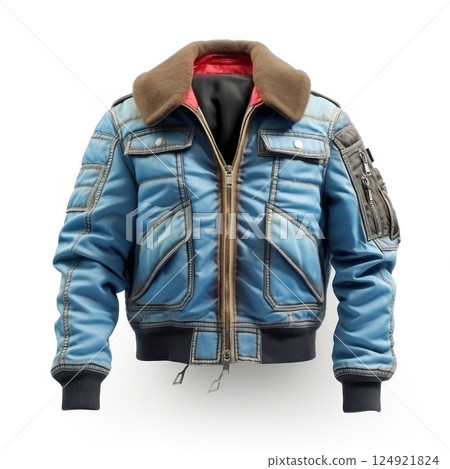 Blue denim and black leather bomber jacket with cozy shearling collar and cuffs for chic winter style and cold weather comfort Blue denim and black leather bomber jacket with cozy shearling collar and cuffs for chic winter style and cold weather comfort 124921824