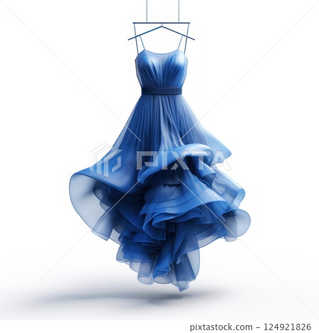 Elegant flowing blue dress on display, perfect for showcasing sophistication and style in fashion retail. Ideal for capturing graceful movement and highlighting its exquisite design 124921826