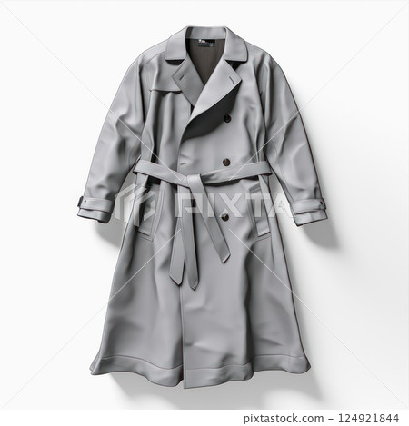 Studio shot of a stylish gray trench coat displayed on a white background, showcasing its classic design and timeless appeal for fashion and apparel presentations 124921844