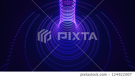 Abstract tunnel of glowing purple dots forming a vortex-like design, futuristic digital visualization in a dark background 124922007