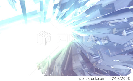 Abstract blue silver crystalline spiral with glowing light radiating from center background 124922008