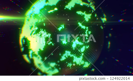 A neon green digital depiction of Earth with pixelated textures, highlighting technological innovation and a futuristic global theme background A neon green digital depiction of Earth with pixelated textures, highlighting technological innovation and a futuristic global theme background 124922014