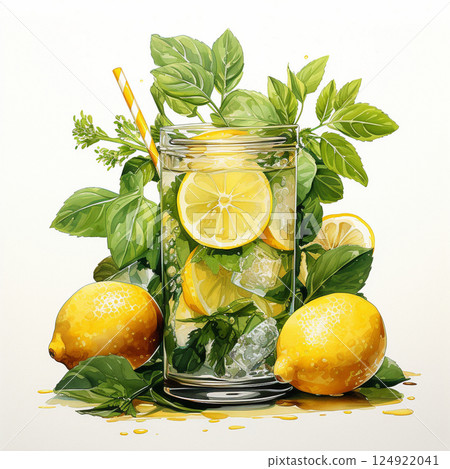 Watercolor lemonade with leaves on white background. Botanical clipart with citrus fruits for design 124922041