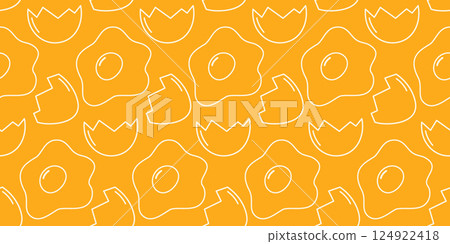 Freehand Outline Fried eggs Cracked eggshell Seamless Pattern Culinary Recipe Yolk shade Background 124922418