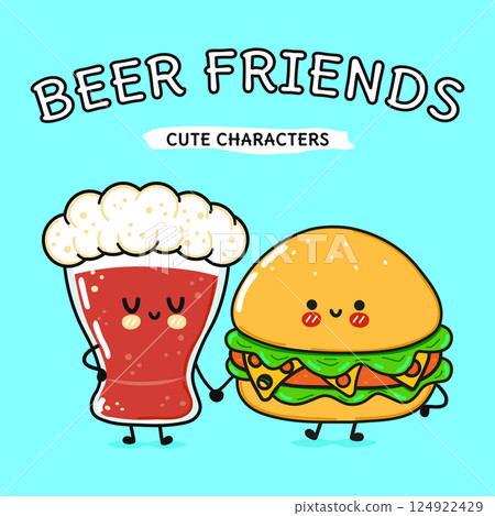 A charming cartoon depicts a Beer glass and a Burger with sweet faces holding hands, fostering a unique friendship. A charming cartoon depicts a Beer glass and a Burger with sweet faces holding hands, fostering a unique friendship. 124922429