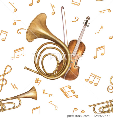 Classical music instruments and musical notes seamless watercolor pattern isolated background. Violin with bow, trumpet, French horn hand painted illustration concert posters, vintage interior decor. 124922438