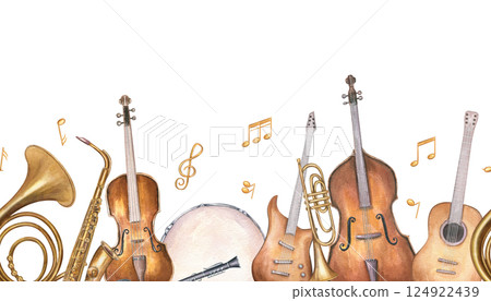 Music instruments and musical notes horizontal seamless watercolor banner isolated background. Acoustic and electric guitar, violin, trumpet, saxophone, French horn, drum, double bass illustration Music instruments and musical notes horizontal seamless watercolor banner isolated background. Acoustic and electric guitar, violin, trumpet, saxophone, French horn, drum, double bass illustration 124922439