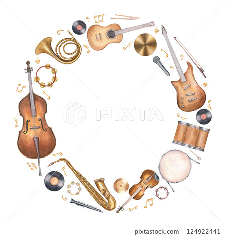 Musical instrument and floating musical notes circular watercolor wreath with copy space for text. Violin, trumpets, drum, saxophone, tambourine, tuba, flute, guitars frame isolated background. Musical instrument and floating musical notes circular watercolor wreath with copy space for text. Violin, trumpets, drum, saxophone, tambourine, tuba, flute, guitars frame isolated background. 124922441