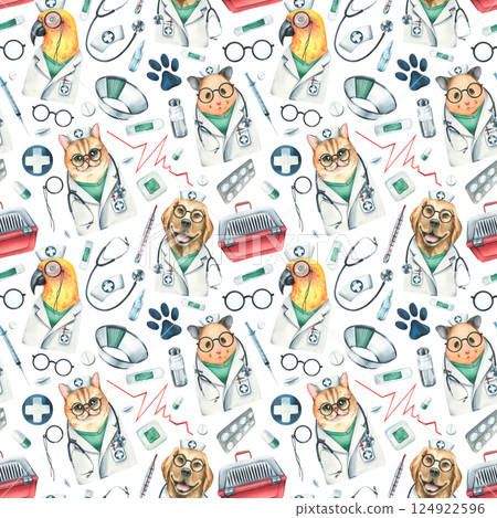 Veterinary doctors hamster, dog, cat, parrot, pet carrier, medicines. Watercolor illustration, hand drawn Seamless pattern on white background. 124922596