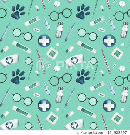 Veterinary medical instruments, medicines, blue cross. Watercolor illustration, hand drawn. Seamless pattern for wallpaper, packaging, fabric, clothes on a turquoise background. 124922597