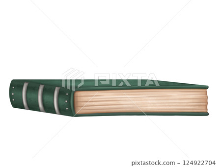 Vintage green antique historical books with aged pages. Decoration in vintage gothic old victorian design. Research archive, Royal library, ornament cover. Handmade illustration on white background 124922704