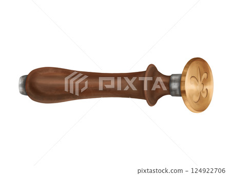 Wooden stamp with gold for sealing wax, stamp tool in vintage style. For classic calligraphy letters. Antiquarian royalty signature, author's branding sign. Handmade illustration on white background 124922706