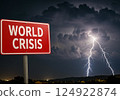 A sign with the words World Crisis and dark storm clouds with lightning in the background 124922874