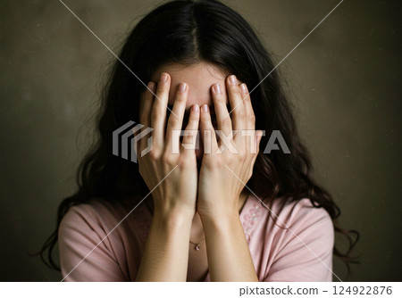 A young woman covers her face with her hands 124922876