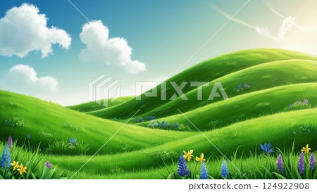 Sun rays shining down on the grassland 124922908
