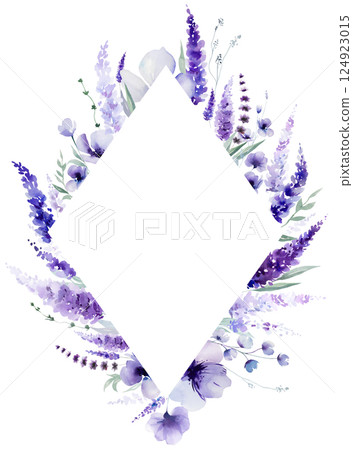 Frame made of watercolor lavender flowers. Purple wildflowers wedding isolated illustration 124923015