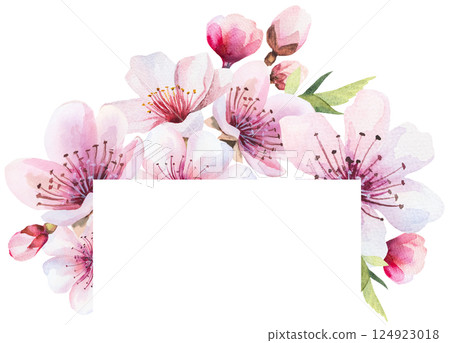 Frame with watercolor pink cherry flowers and green leaves, wedding sakura isolated illustration 124923018