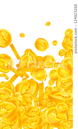 Indian rupee coins falling. Scattered gold INR coins. India money. Great business success concept. Vector illustration. 124923268