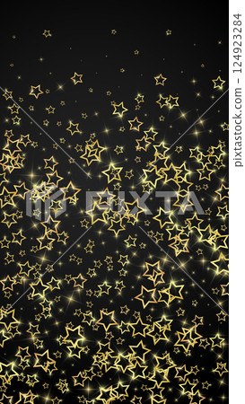 Gold sparkling star confetti. Chaotic dreamy childish overlay template. Festive stars vector illustration on black background. Gold sparkling star confetti. Chaotic dreamy childish overlay template. Festive stars vector illustration on black background. 124923284