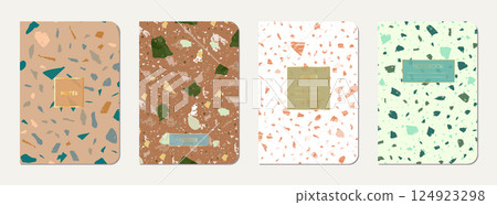 Brochure cover design. Terrazzo abstract background made of natural stones, granite, quartz and marble. Venetian terrazzo texture brochure template. Brochure cover design. Terrazzo abstract background made of natural stones, granite, quartz and marble. Venetian terrazzo texture brochure template. 124923298