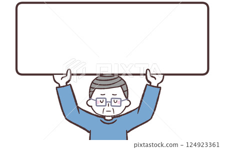 一位戴眼鏡的老人舉著牌子,滿臉歉意 一位戴眼鏡的老人舉著牌子,滿臉歉意 124923361