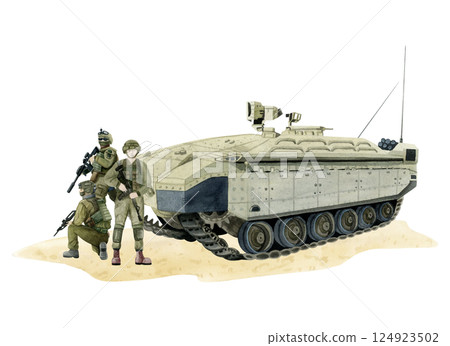 Israel army armored personnel carrier with soldiers in uniform watercolor isolated illustration. Namer military machine with IDF infantry units for war and peace designs or Veteran Remembrance Day Israel army armored personnel carrier with soldiers in uniform watercolor isolated illustration. Namer military machine with IDF infantry units for war and peace designs or Veteran Remembrance Day 124923502