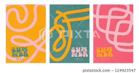 Modern abstract summer covers set, minimal cards design with bold loopy lines. Colorful geometric background, vector hand drawn illustration. 124923547