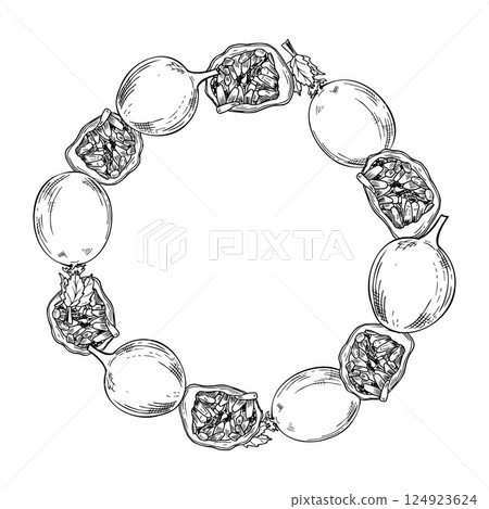 Vector maracuja fruit hand drawn illustration painted by black inks. Whole and half passion with pulp wreath with empty space for text. Passiflora plant engraving drawing for menu or dessert package. 124923624