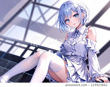 圖:坐著的藍頭髮的漂亮女孩 圖:坐著的藍頭髮的漂亮女孩 124923662